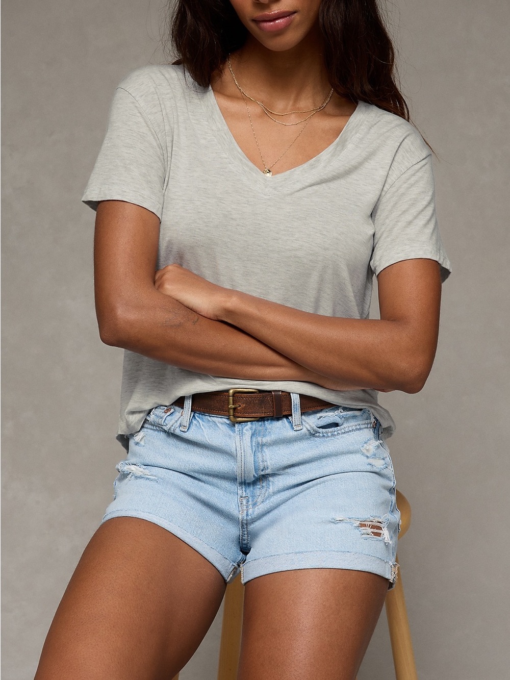 American Eagle Outfitters Soft V-Neck Tee - Light Gray